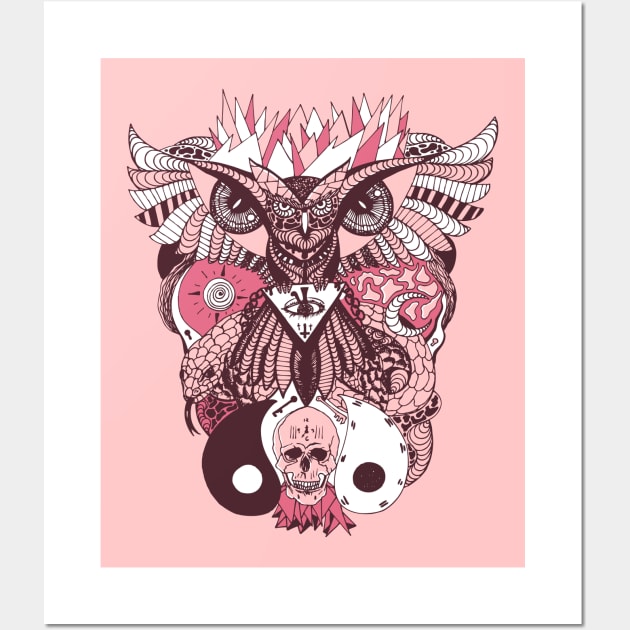 Pink and White Owl And Ageless Skull Wall Art by kenallouis